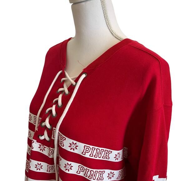 Victoria's Secret Pink Snowflake Sweatshirt Top Large Red White Ties Tunic Top - Picture 4 of 8